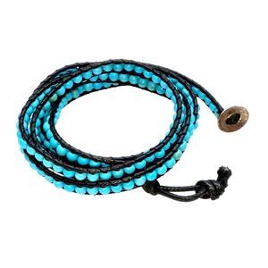 Blue Bead 35" Long Brown Cord Wrap Bracelet